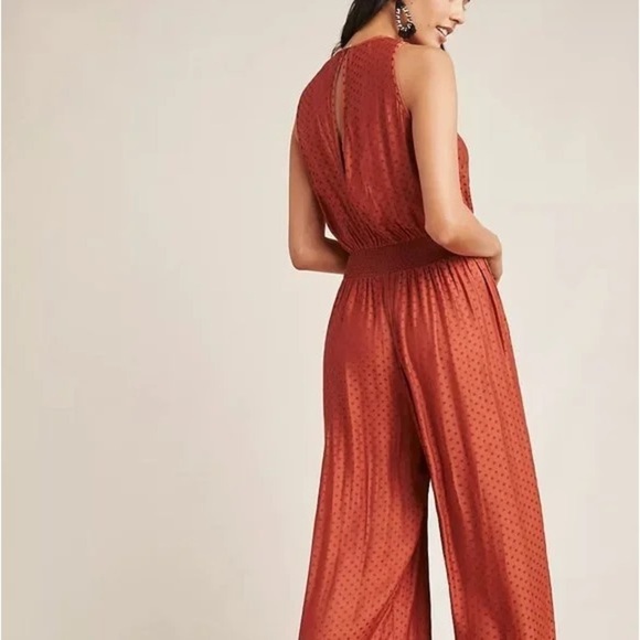 Anthro DRA Potter Jumpsuit Rust Copper Polka Dot Smocked SZ S - Picture 3 of 13